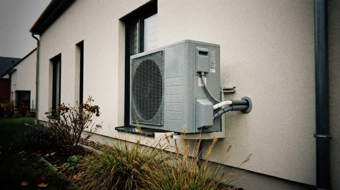 A modern house with external heat pump unit installed next to the wall, captured on an overcast day in autumn. The outdoor heat exchanger shows condensation patterns on its metal fins, with pipes running from it into the building. In the foreground, a small garden area with some native plants. The scene has natural, neutral lighting typical of a cloudy day, with the heat pump appearing as an unassuming but integral part of the home's infrastructure. The outdoor unit is positioned against the house's light-colored exterior wall, highlighting the contrast between technology and domestic architecture.