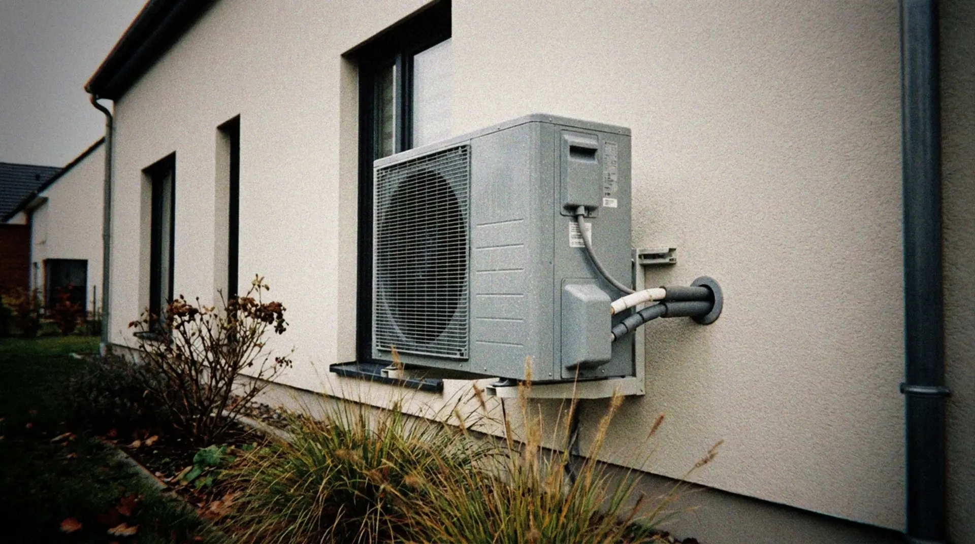 A modern house with external heat pump unit installed next to the wall, captured on an overcast day in autumn. The outdoor heat exchanger shows condensation patterns on its metal fins, with pipes running from it into the building. In the foreground, a small garden area with some native plants. The scene has natural, neutral lighting typical of a cloudy day, with the heat pump appearing as an unassuming but integral part of the home's infrastructure. The outdoor unit is positioned against the house's light-colored exterior wall, highlighting the contrast between technology and domestic architecture.